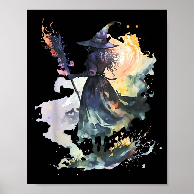 Watercolor Witch Halloween Fall Autumn Art Paintin Poster (Front)