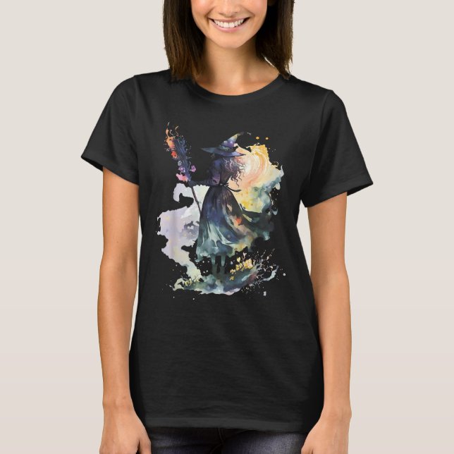 Watercolor Witch Halloween Fall Autumn Art Paintin T-Shirt (Front)