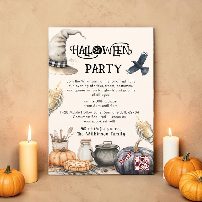 Watercolor Witch Hat Skeleton Halloween Gathering  Invitation (Creator Uploaded)