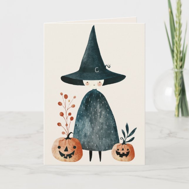 Watercolor Witch& Jack o Lanterns Happy Halloween Card (Front)
