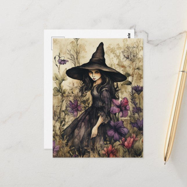 Watercolor Witch With Flowers Postcard (Front/Back In Situ)