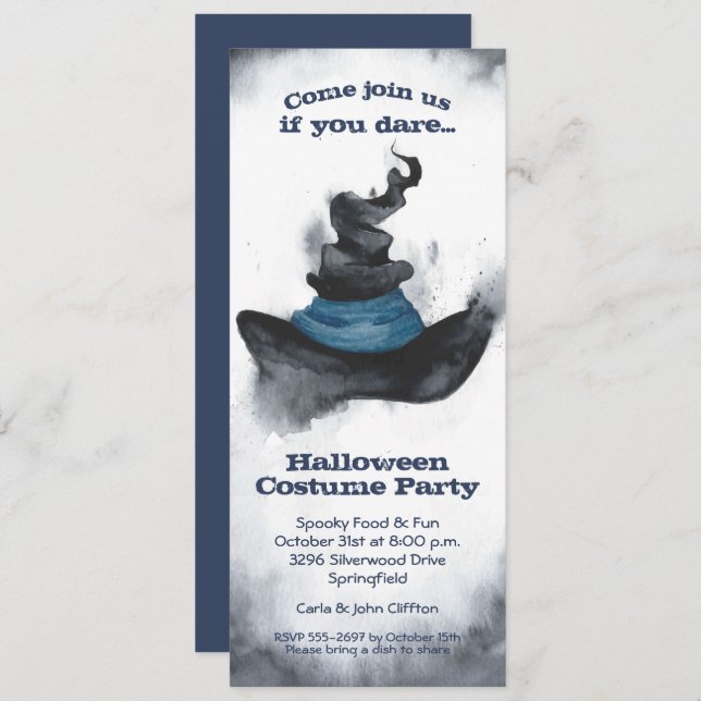 Watercolor Witch's Black Hat Halloween Invitations (Front/Back)