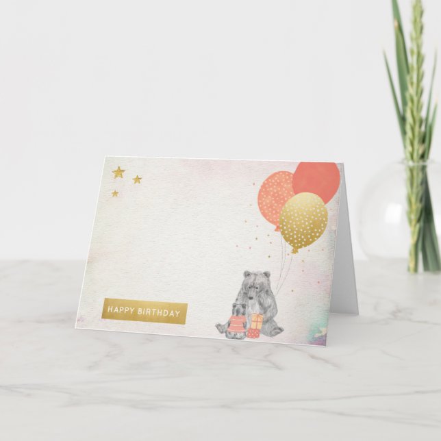 Watercolor with Mama Bear Baby Bear Happy Birthday Card (Front)