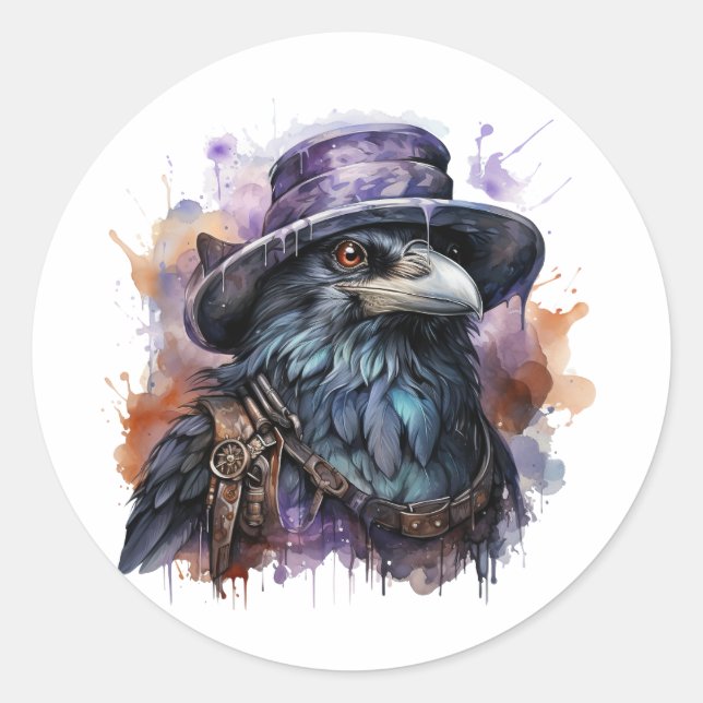 Watercolor Wizard Raven Bird Classic Round Sticker (Front)
