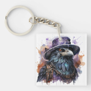 Watercolor Wizard Raven Bird Key Ring