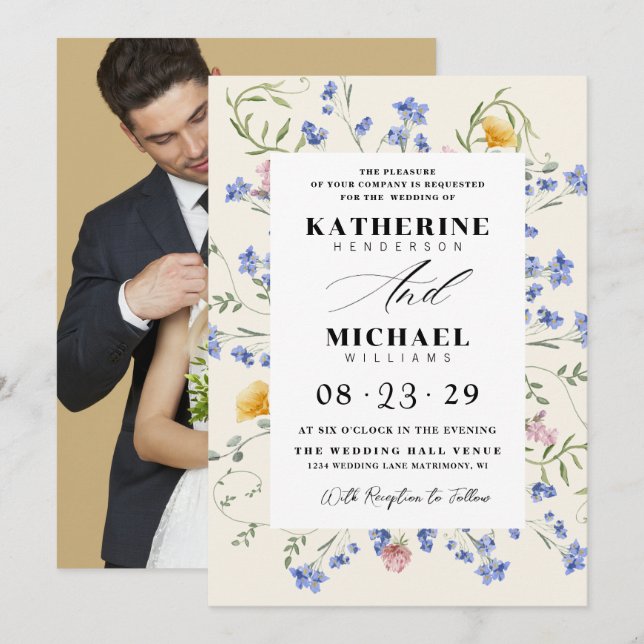 Watercolor Wldflowers Meadow & Add Photo Wedding Invitation (Front/Back)