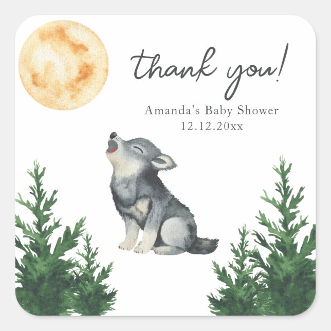Watercolor Wolf Baby Shower Thank you Square Sticker (Front)
