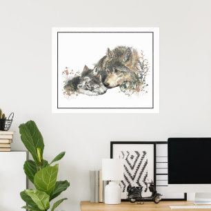 Watercolor Wolf & Cub Animal Art Poster