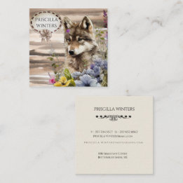 Watercolor Wolf Flowers Square Business Card