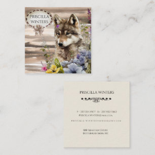Watercolor Wolf Flowers Square Business Card