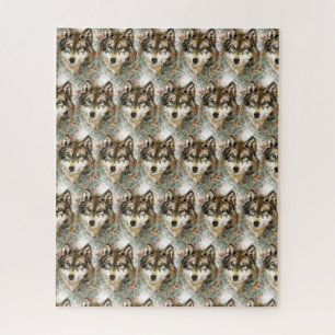 Watercolor Wolf Head Grey Black White Colours Jigsaw Puzzle