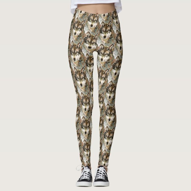 Watercolor Wolf Head Grey Black White Colours Leggings (Front)