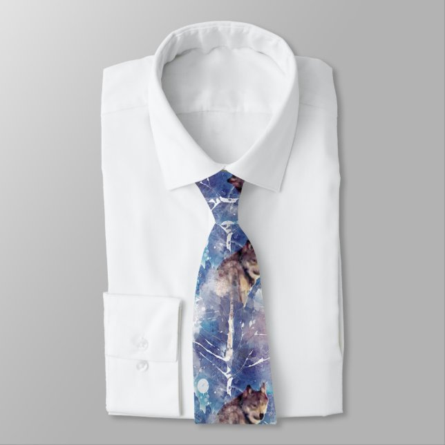 Watercolor Wolf Head Grey Blue Purple Mauve Colour Tie (Tied)
