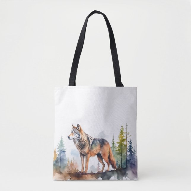 Watercolor Wolf in Forest Tote Bag (Front)