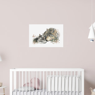 Watercolor Wolf Mom and Cubs Animal Art Poster