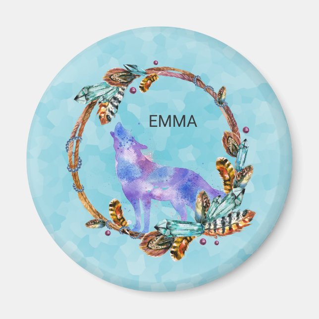 Watercolor Wolf with a Boho Style Wreath Custom Magnet (Front)