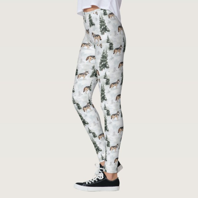 Watercolor Wolves Snow Covered Pine Trees Leggings (Left)