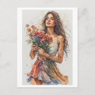 Watercolor Woman carrying Flowers on a Holiday Postcard