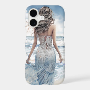 WATERCOLOR WOMAN IN BLUE DRESS ON THE BEACH