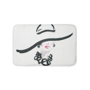 Watercolor woman portrait, abstract fashion illust bath mat