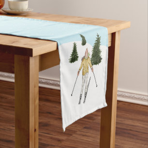 Watercolor Woman Skiing In Winter Slopes Blue Short Table Runner