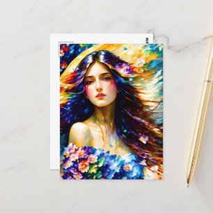 Watercolor Woman With Flowers Postcard