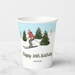 Watercolor Women Skiing Custom Winter Birthday Paper Cups