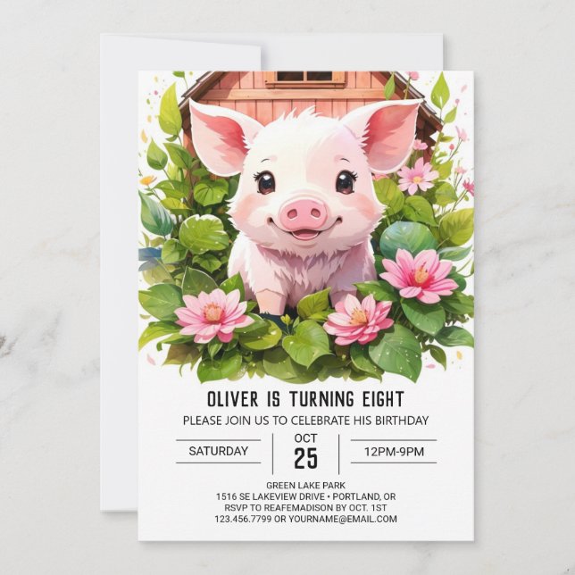 Watercolor Wonderland Girl Pig Birthday Invitation (Front)