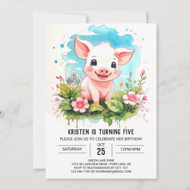 Watercolor Wonderland Piglet's Girl Birthday Invitation (Front)