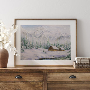 Watercolor Wood Houses and Pine Tree in Snow Poster