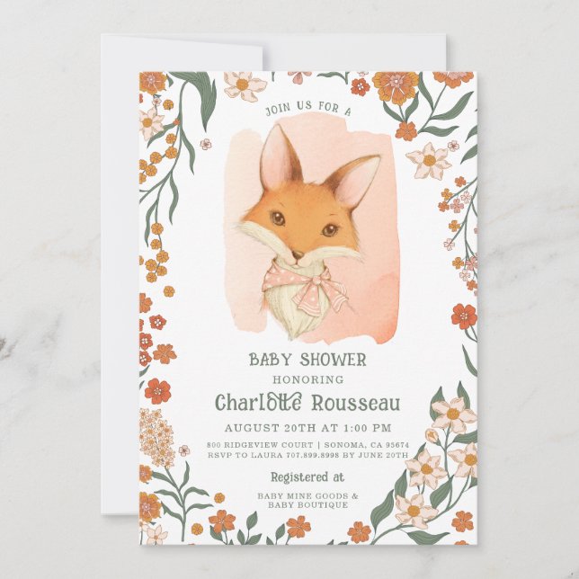 Watercolor Woodand Fox Rustic Girl Baby Shower  Invitation (Front)
