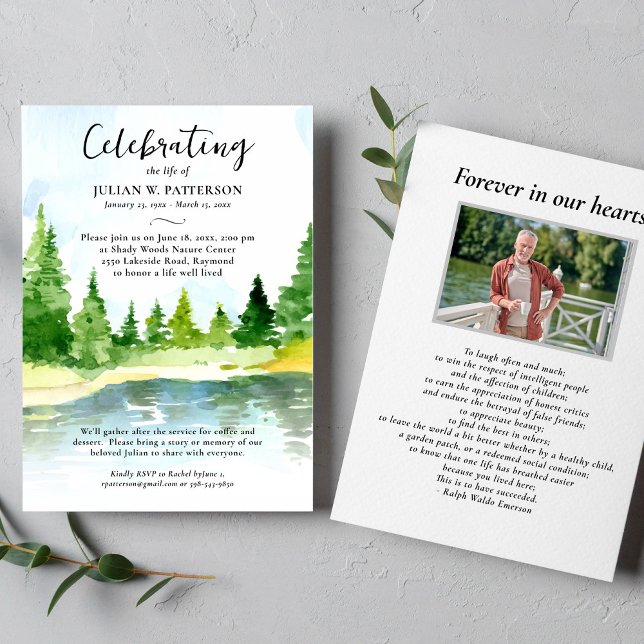 Watercolor Wooded Lake Celebration of Life Photo Invitation (Creator Uploaded)