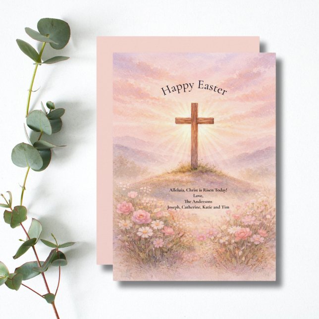 Watercolor Wooden Cross Alleluia Happy Easter Holiday Card (Easter Card Pastel Watercolor Wooden Cross on hillside. Personalized, Printed or Digital)