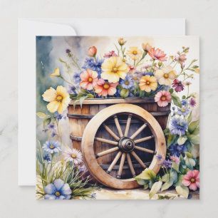 Watercolor Wooden Wheel with Garden Flowers  Card