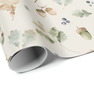 Watercolor Woodland Acorns Oak Leaves and Berries Wrapping Paper