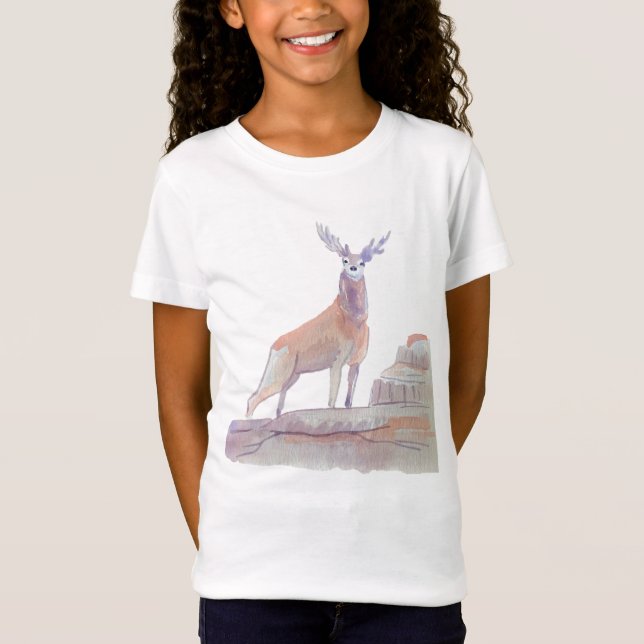 Watercolor Woodland Animal Art Red Deer T-Shirt (Front)