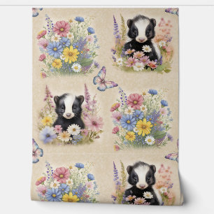 Watercolor Woodland Animal Baby Skunk Wild Flower Wallpaper