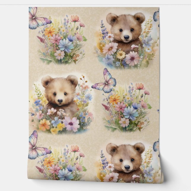 Watercolor Woodland Animal Bear Floral Butterfly Wallpaper (Unrolling)