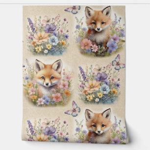 Watercolor Woodland Animal Fox Floral Butterfly Wallpaper