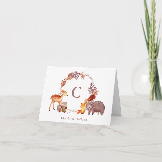 Watercolor Woodland Animal Monogram Stationery Note Card (Front)