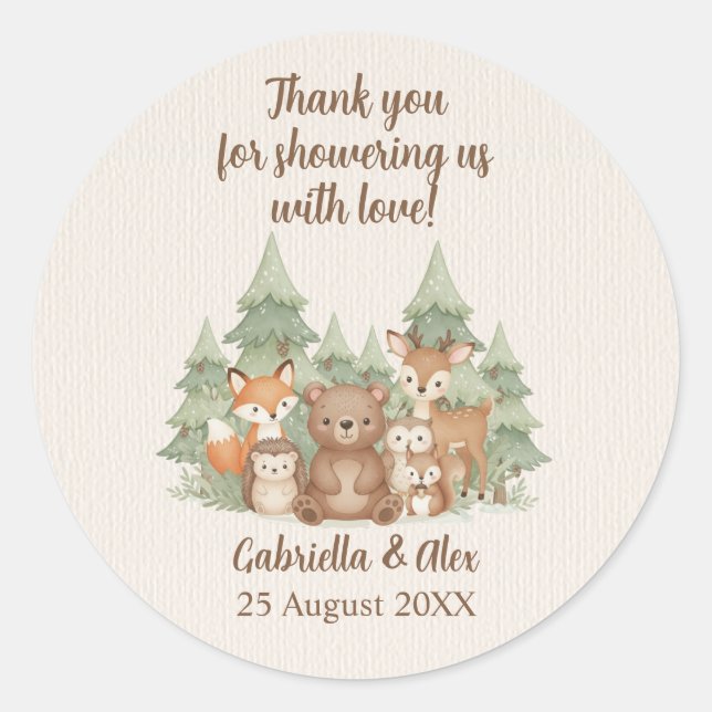 Watercolor Woodland Animals Baby Shower Classic Round Sticker (Front)