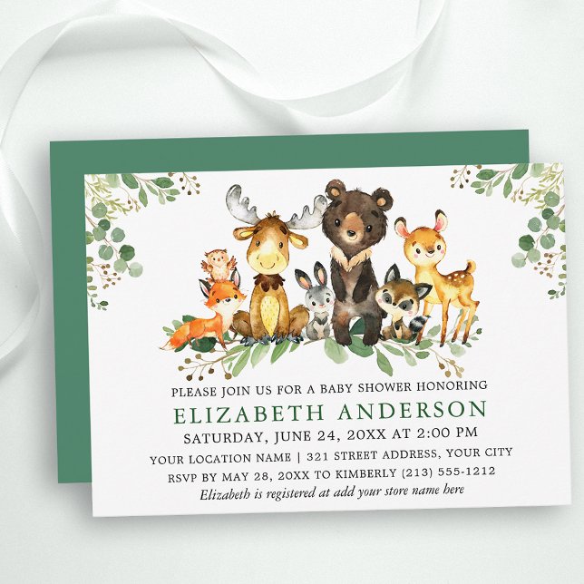 Watercolor Woodland Animals Baby Shower Invitation (Customize to change text color, size, text style or change color of back of card.)