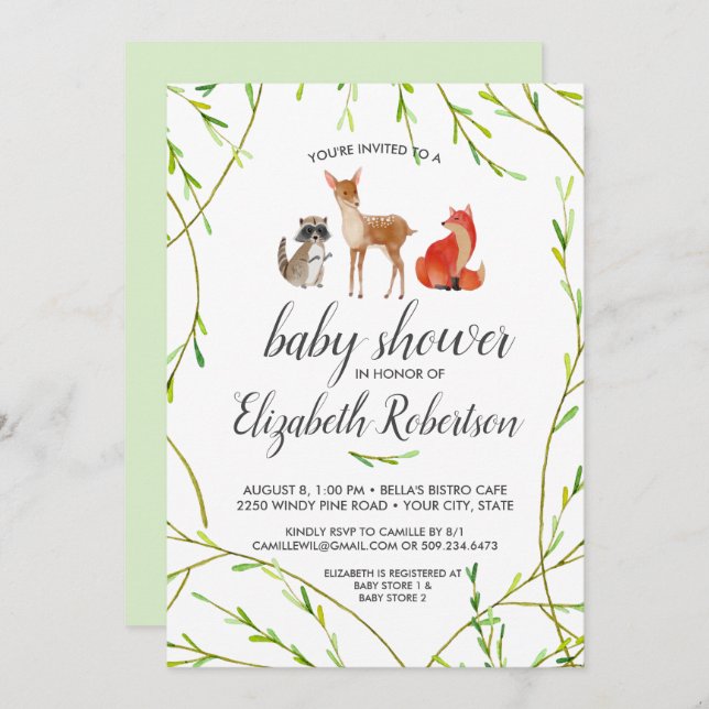 Watercolor Woodland Animals Baby Shower Invitation (Front/Back)