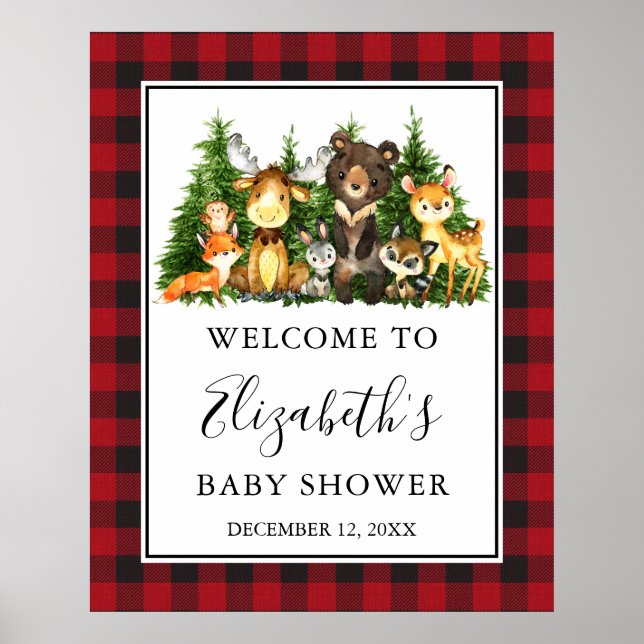 Watercolor Woodland Animals Baby Shower Plaid Poster (Front)