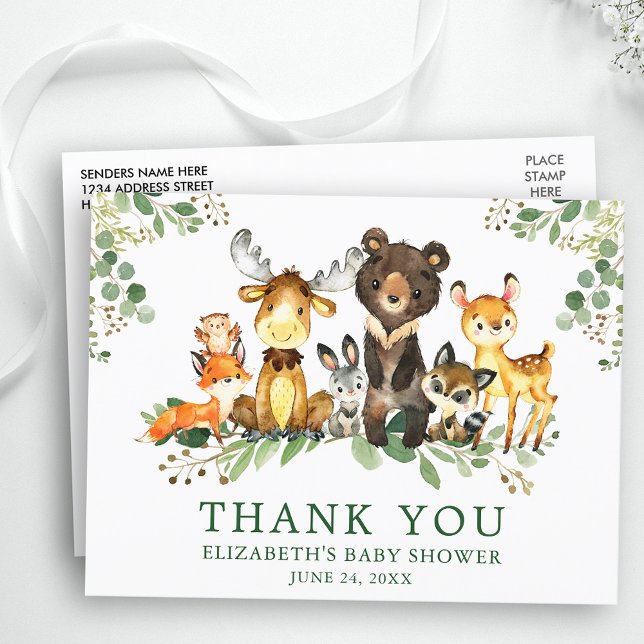 Watercolor Woodland Animals Baby Shower Thank You Postcard (Customize to change text size, color or text style.)