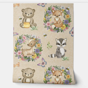 Watercolor Woodland Animals Bee Butterfly Floral Wallpaper