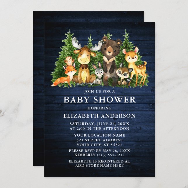 Watercolor Woodland Animals Blue Wood Shower Invitation (Front/Back)
