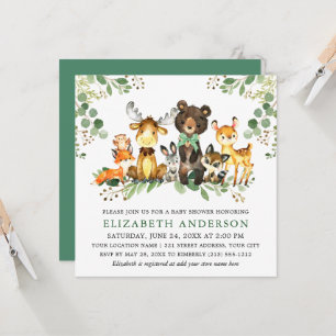 Watercolor Woodland Animals Bow Baby Shower Square Invitation