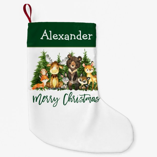 Watercolor Woodland Animals Brush Script Small Christmas Stocking (Front)