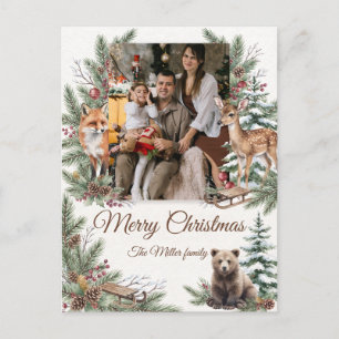 Watercolor Woodland Animals Custom Photo Christmas Holiday Postcard